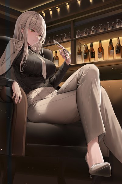 Anime picture 2731x4096 with original lillly single long hair tall image fringe highres breasts brown hair large breasts sitting holding brown eyes looking away indoors long sleeves high heels crossed legs clothes on shoulders serious
