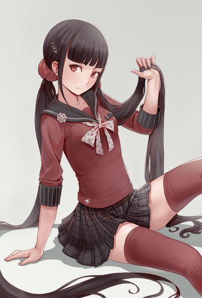 Anime picture 900x1328 with dangan ronpa new danganronpa v3 harukawa maki cheshirrr single tall image looking at viewer fringe black hair simple background red eyes sitting twintails payot blunt bangs very long hair head tilt pleated skirt mole arm support