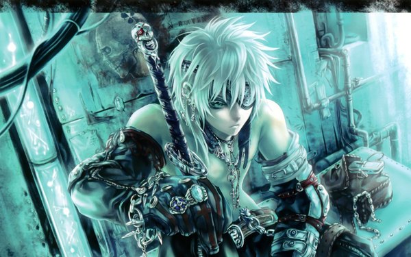 Anime picture 1680x1050 with original kuroba k single short hair wide image sitting white hair topless warrior soldier boy gloves weapon sword elbow gloves bag ring eyepatch skull phone