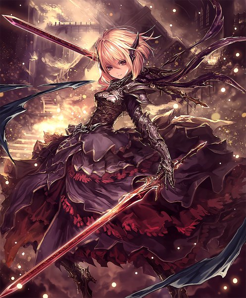 Anime picture 848x1024 with shingeki no bahamut melissa (shingeki no bahamut) tachikawa mushimaro (bimo) single tall image looking at viewer fringe short hair blonde hair hair between eyes red eyes holding official art high heels dark background jumping serious dual wielding girl hair ornament