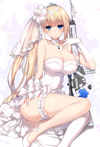 Anime picture 690x1014 with girls frontline fal (girls frontline) minamon (vittel221) single long hair tall image looking at viewer blush fringe breasts blue eyes light erotic simple background blonde hair smile large breasts sitting bare shoulders payot cleavage