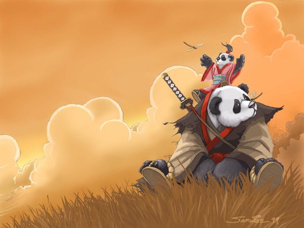 Anime picture 1600x1200 with world of warcraft blizzard entertainment orange background sword panda