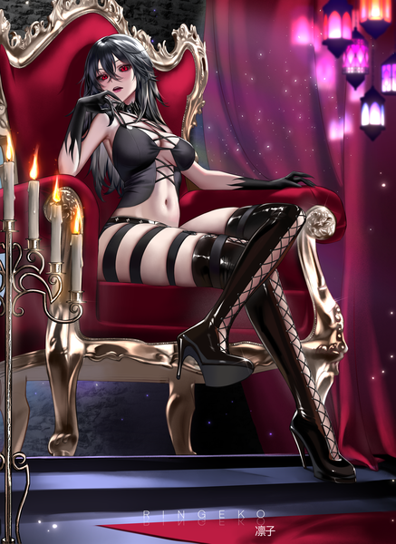 Anime picture 5028x6898 with original ringeko-chan single long hair tall image looking at viewer fringe highres breasts open mouth light erotic black hair hair between eyes red eyes large breasts sitting signed absurdres full body arm up