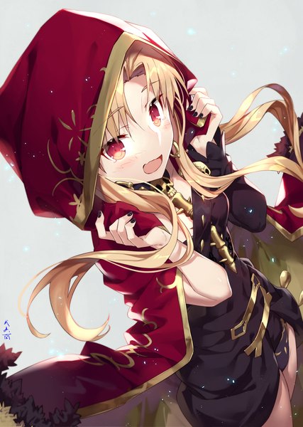 Anime picture 855x1200 with fate (series) fate/grand order ereshkigal (fate) gabiran single long hair tall image looking at viewer blush fringe open mouth blonde hair smile hair between eyes red eyes standing nail polish :d from above arms up
