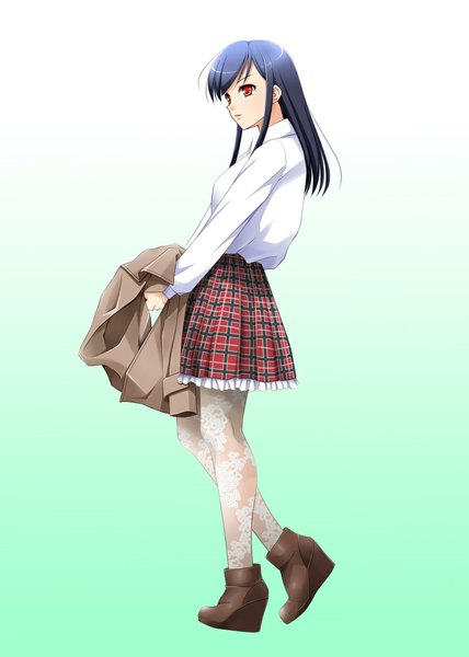 Anime picture 800x1122 with original hiyoko daiou single long hair tall image simple background red eyes blue hair looking away full body gradient background plaid skirt girl skirt shirt pantyhose shoes white shirt ankle boots