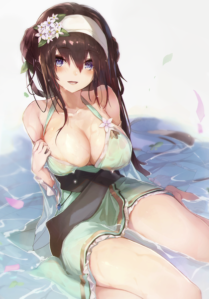 Anime picture 1578x2256 with sennen sensou aigis rinne (sennen sensou aigis) cruel gz single long hair tall image looking at viewer blush fringe breasts open mouth blue eyes light erotic smile hair between eyes brown hair large breasts sitting bare shoulders cleavage