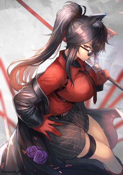 Anime picture 1654x2339 with arknights texas (arknights) texas (willpower) (arknights) ohako (ohako1818) single long hair tall image looking at viewer fringe breasts black hair hair between eyes large breasts holding signed animal ears ponytail profile blurry off shoulder