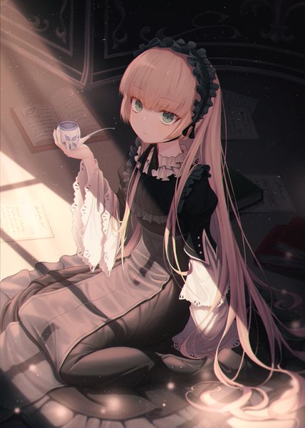 Anime picture 4000x5609 with gosick studio bones victorique de blois dlwhdals901 single tall image looking at viewer blush fringe highres blonde hair sitting holding green eyes absurdres full body indoors blunt bangs very long hair sunlight