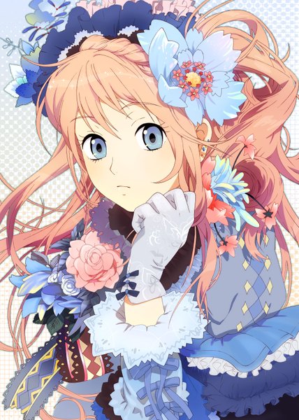 Anime picture 1038x1456 with original kaisen single long hair tall image blue eyes blonde hair hair flower piercing girl gloves hair ornament flower (flowers) bow