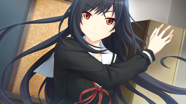 Anime picture 1280x720 with houkago no futekikakusha suenaga haruka (houkago no futekikakusha) single long hair looking at viewer black hair red eyes wide image game cg tears girl uniform school uniform