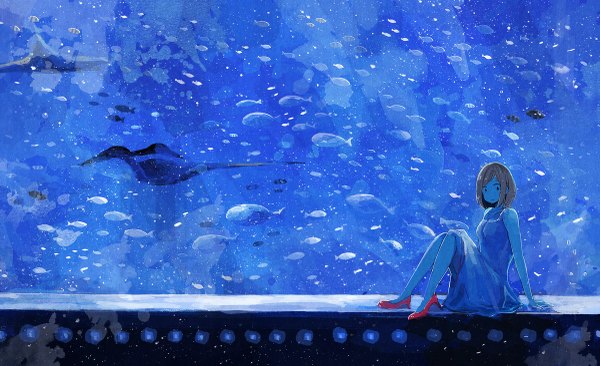 Аниме картинка 1200x733 с оригинальное изображение nomiya (no 38) один (одна) смотрит на зрителя чёлка короткие волосы каштановые волосы широкое изображение поддержка рукой девушка животное обувь рыба (рыбы)