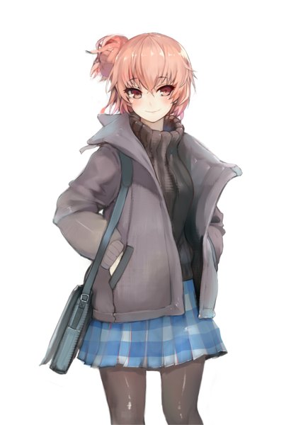 Anime picture 1146x1671 with yahari ore no seishun love comedy wa machigatteiru. brains base (studio) yuigahama yui ganida boushoku single tall image looking at viewer blush fringe short hair simple background smile standing white background pink hair pleated skirt pink eyes open jacket hair bun (hair buns) plaid skirt