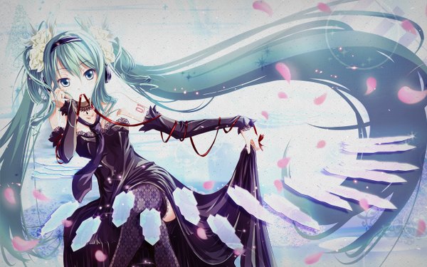 Anime picture 1280x800 with vocaloid hatsune miku evarise (artist) single looking at viewer simple background wide image sitting twintails bare shoulders holding very long hair hair flower aqua eyes aqua hair crossed legs mouth hold ribbon in mouth girl thighhighs