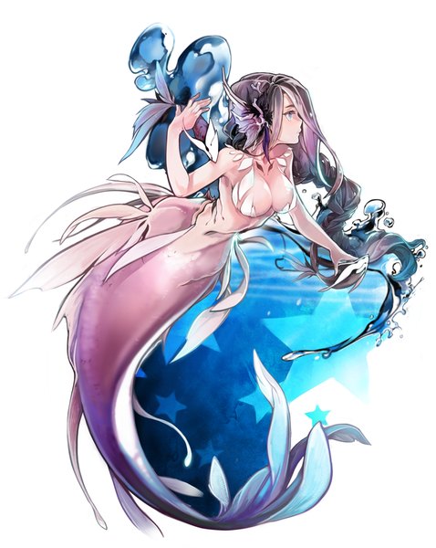 Anime picture 800x1003 with original zorim (pixiv) single long hair tall image breasts blue eyes light erotic black hair simple background white background bare shoulders purple hair profile multicolored hair two-tone hair girl animal water star (symbol)