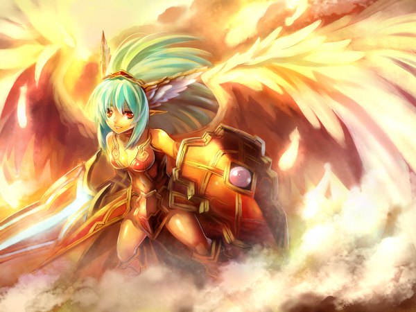 Anime picture 800x600 with original edobox single long hair looking at viewer fringe light erotic smile hair between eyes red eyes standing bare shoulders holding payot cleavage pointy ears aqua hair grin smoke angel wings