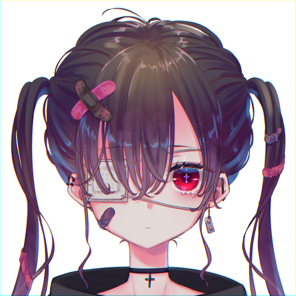 Anime picture 1500x1500 with original tendosora single long hair looking at viewer blush fringe black hair simple background hair between eyes red eyes white background twintails payot upper body piercing ear piercing expressionless bandaid on face girl