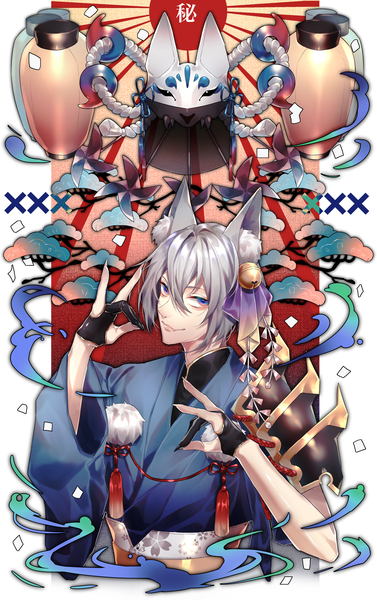 Anime picture 2880x4580 with original hi syoku single tall image looking at viewer fringe highres short hair blue eyes smile hair between eyes animal ears silver hair upper body traditional clothes japanese clothes fox ears hair bell fox shadow puppet boy
