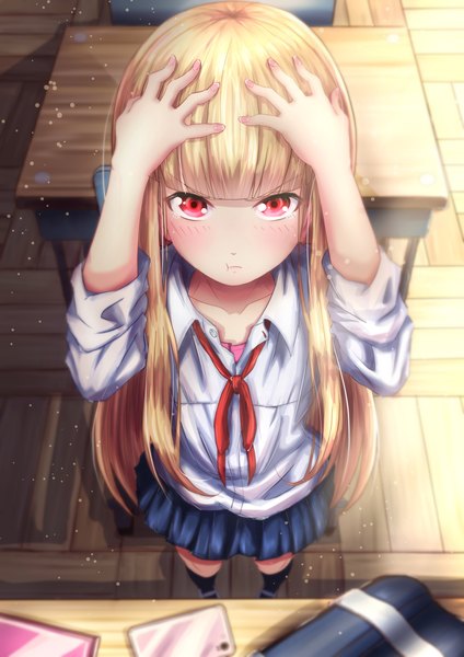 Anime picture 2894x4093 with joshikousei no mudazukai momoi saku kuma (pixiv id14992749) single long hair tall image looking at viewer blush fringe highres blonde hair red eyes standing indoors blunt bangs from above classroom dust :t pout