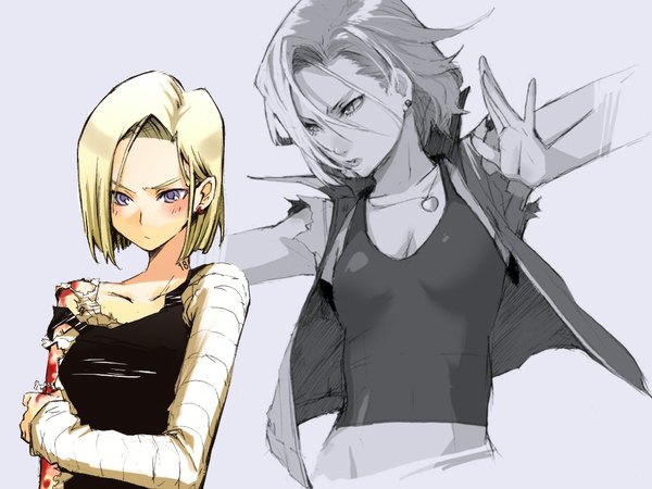 Anime picture 1024x768 with dragon ball android 18 enami katsumi chiba sadoru single blush short hair simple background blonde hair purple eyes bare shoulders grey background wallpaper angry battle injury girl earrings choker blood