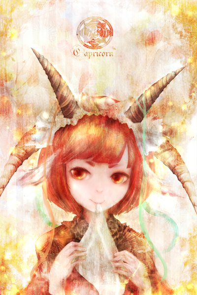 Anime picture 2000x3000 with original zhang xiao bo single tall image looking at viewer highres short hair red eyes holding red hair horn (horns) mouth hold zodiac capricorn (zodiac) girl dress animal goat