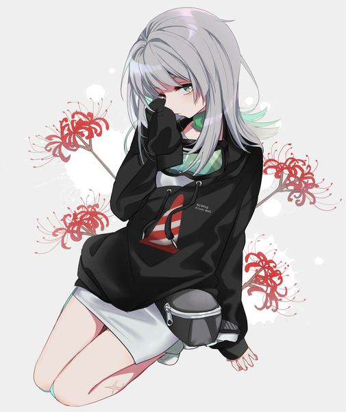 Anime picture 1100x1307 with utau fuyuu rei boyano single long hair tall image looking at viewer blush fringe simple background hair between eyes sitting green eyes full body ahoge head tilt grey hair grey background arm support kneeling