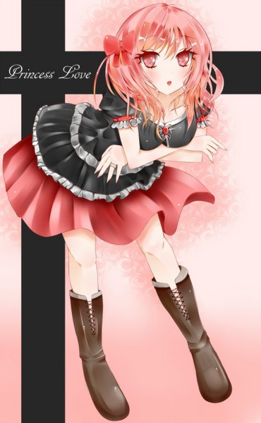Anime picture 1200x1942 with amatsuki hotaru single tall image short hair red eyes pink hair girl skirt bow hair bow boots ring