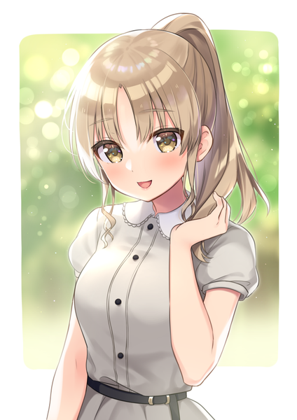 Anime picture 707x1000 with virtual youtuber nijisanji sister cleaire sumisaki yuzuna single long hair tall image looking at viewer blush open mouth brown hair brown eyes payot upper body ponytail :d adjusting hair girl dress belt