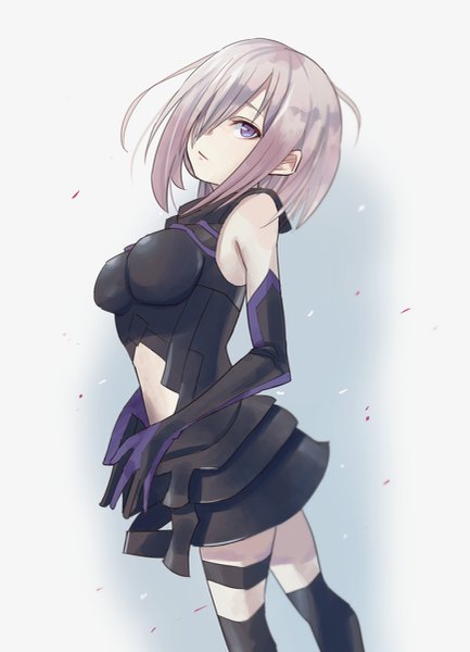 Anime picture 867x1200 with fate (series) fate/grand order mash kyrielight maachi (fsam4547) single tall image looking at viewer blush fringe short hair breasts light erotic simple background standing white background purple eyes bare shoulders purple hair profile hair over one eye