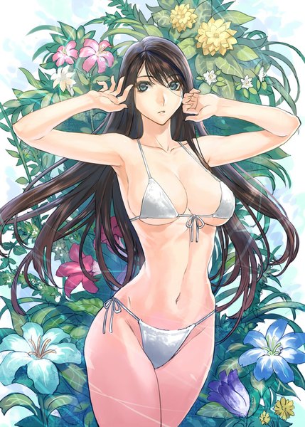 Anime picture 715x1000 with original ranou single long hair tall image breasts blue eyes light erotic black hair large breasts looking away armpit (armpits) floral background girl navel flower (flowers) swimsuit bikini white bikini