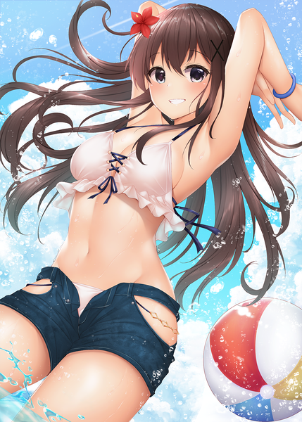 Anime picture 1000x1399 with original minato (ojitan gozaru) single long hair tall image looking at viewer blush fringe breasts light erotic smile hair between eyes brown hair standing payot sky cleavage cloud (clouds) outdoors hair flower