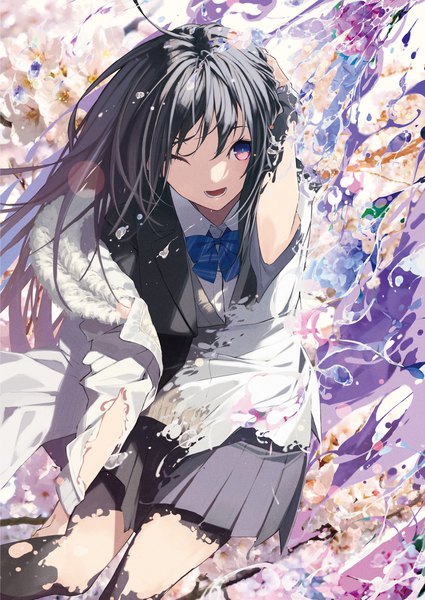 Anime picture 2150x3036 with original melonbooks senmu single long hair tall image looking at viewer fringe highres open mouth black hair purple eyes pleated skirt one eye closed wind scan cherry blossoms ;d transformation girl