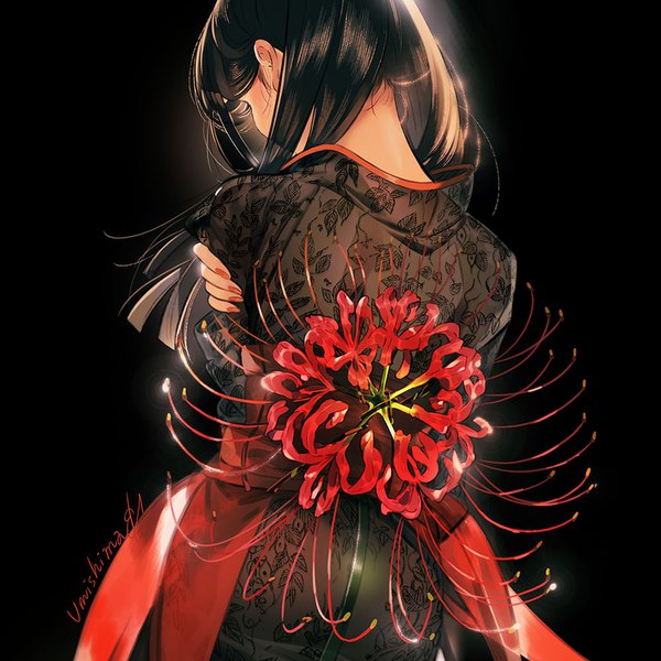 Anime picture 1000x1000 with original kaisen single long hair black hair simple background signed nail polish fingernails from behind floral print black background girl flower (flowers) obi hair tie higanbana