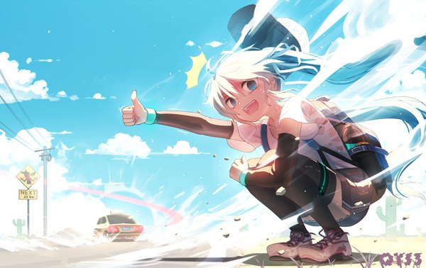 Anime-Bild 1650x1040 mit vocaloid hatsune miku qys3 single long hair looking at viewer blush fringe open mouth blue eyes hair between eyes twintails signed blue hair sky cloud (clouds) full body ahoge outdoors wind