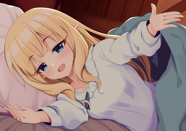 Anime picture 1505x1062 with princess connect! re:dive princess connect! saren (princess connect!) syurimp single long hair looking at viewer blush fringe breasts open mouth blue eyes blonde hair smile payot upper body indoors lying blunt bangs long sleeves