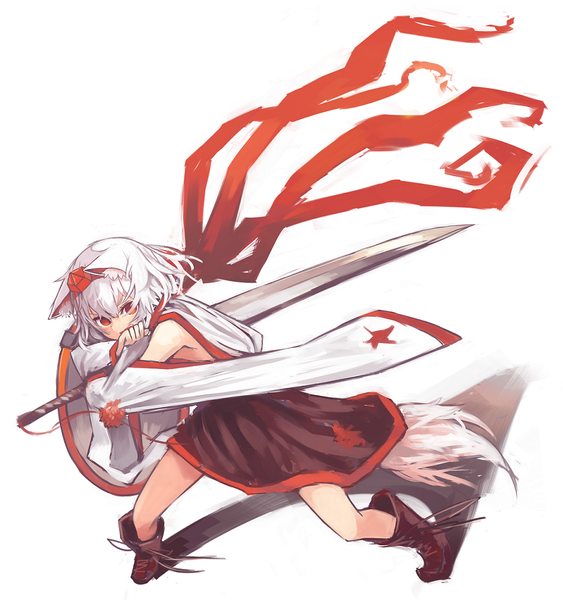 Anime picture 946x1008 with touhou inubashiri momiji kaneni single tall image looking at viewer short hair simple background red eyes white background animal ears white hair tail animal tail wide sleeves wolf ears wolf tail girl skirt weapon