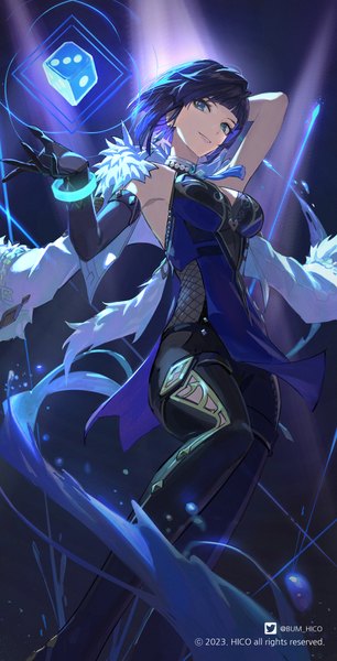 Anime picture 1228x2409 with genshin impact yelan (genshin impact) bum hico single tall image looking at viewer fringe short hair green eyes blue hair blunt bangs arm behind head clothes on shoulders girl gloves black gloves water bodysuit dice