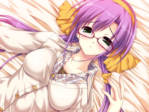 Anime picture 1024x768 with elle prier (game) nasu minori long hair green eyes game cg purple hair girl glasses hairband
