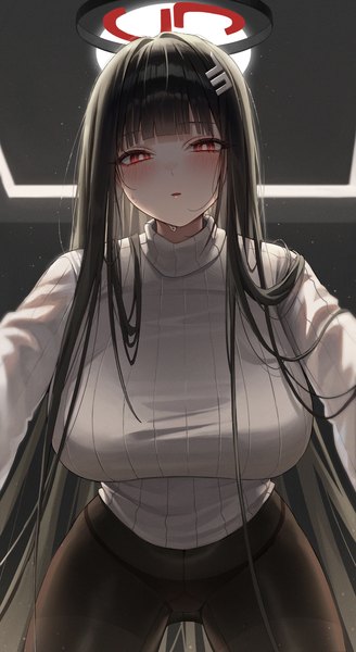 Anime picture 1500x2748 with blue archive rio (blue archive) ame 816 single long hair tall image looking at viewer blush fringe breasts open mouth light erotic black hair red eyes large breasts blunt bangs from below sweat on all fours girl