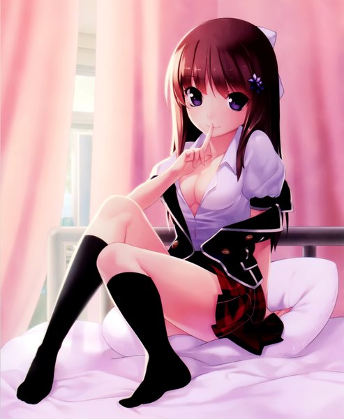 Anime picture 3500x4253 with original hirano katsuyuki single long hair tall image looking at viewer blush highres light erotic brown hair sitting purple eyes absurdres cleavage scan open clothes no bra open jacket no shoes finger to mouth