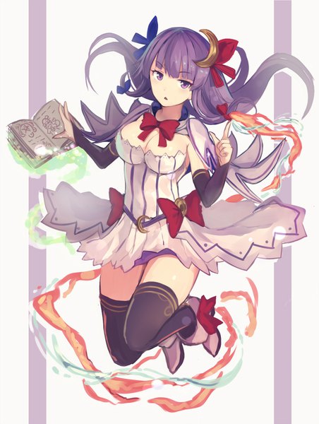 Anime picture 679x900 with touhou patchouli knowledge nakaichi (ridil) single long hair tall image looking at viewer fringe breasts large breasts purple eyes cleavage purple hair full body bent knee (knees) blunt bangs parted lips zettai ryouiki floating hair magic