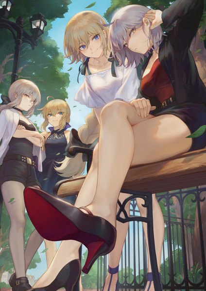 Anime picture 1302x1842 with fate (series) fate/grand order fate/stay night artoria pendragon (all) saber jeanne d'arc (fate) (all) jeanne d'arc alter (fate) saber alter jeanne d'arc (fate) mashuu (neko no oyashiro) long hair tall image looking at viewer blush fringe short hair breasts blue eyes blonde hair smile