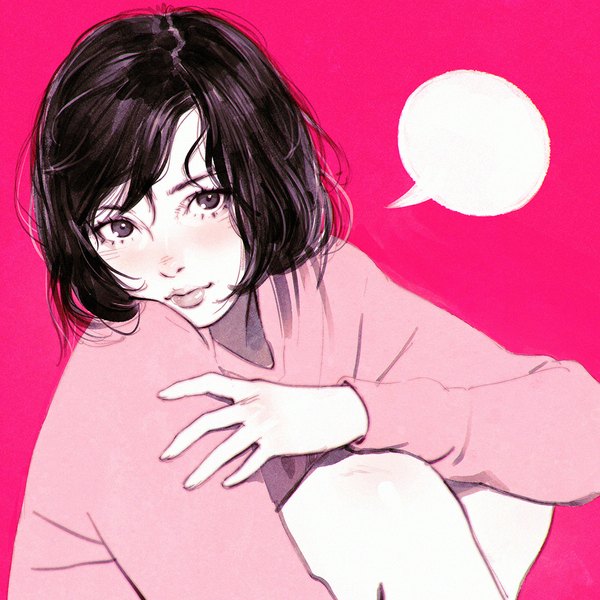 Anime picture 1080x1080 with original real life ilya kuvshinov single looking at viewer blush fringe short hair black hair simple background sitting head tilt lips black eyes shiny skin pink background hand on knee girl sweater speech bubble