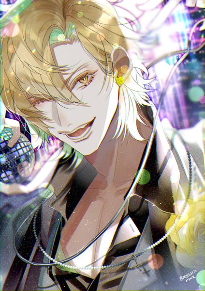 Anime picture 778x1100 with hypnosis mic izanami hifumi milch3314 single tall image looking at viewer fringe short hair open mouth blonde hair hair between eyes brown eyes one eye closed wink boy earrings cross cross necklace
