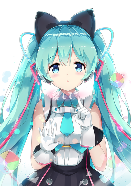 Anime picture 1442x2039 with vocaloid magical mirai (vocaloid) hatsune miku magical mirai miku magical mirai miku (2016) asahi kuroi single long hair tall image blush fringe blue eyes hair between eyes twintails bare shoulders signed parted lips aqua hair inscription :o