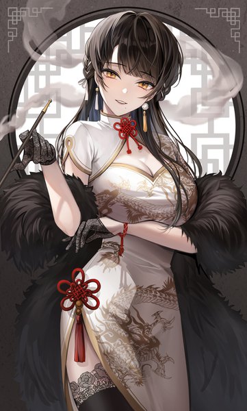 Anime picture 1200x1993 with original plus1024 single long hair tall image looking at viewer fringe breasts black hair standing holding yellow eyes blunt bangs traditional clothes parted lips head tilt mole chinese clothes smoke side slit