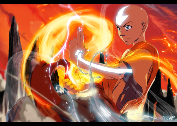 Anime picture 1024x732 with avatar: the last airbender nickelodeon aang artipelago single sky grey eyes coloring magic bald boy water cloak fire