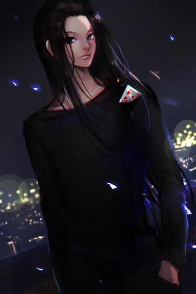 Anime picture 670x1005 with hunter x hunter illumi zoldyck ruck single long hair tall image looking at viewer black hair standing wind black eyes night lens flare hand in pocket city lights boy card (cards)