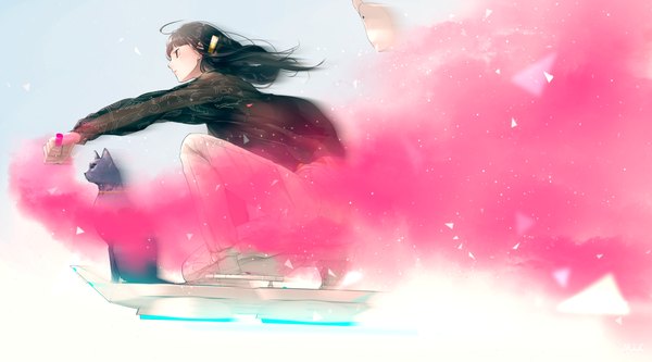 Anime picture 4093x2274 with original maeda-mic single long hair highres black hair wide image sitting looking away absurdres profile smoke flying girl animal cat transparent clothing aircraft