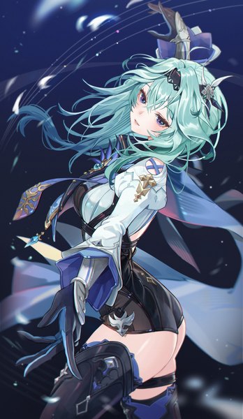 Anime picture 3519x6067 with genshin impact eula lawrence sssong aa single long hair tall image looking at viewer blush highres light erotic standing purple eyes blue hair absurdres ass head tilt arm up wide sleeves puffy sleeves turning head