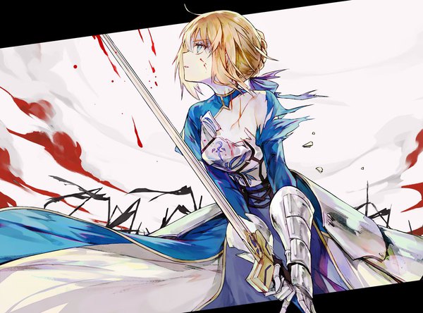 Anime picture 1000x741 with fate (series) fate/grand order artoria pendragon (all) saber mo (mocopo) single short hair blue eyes blonde hair ahoge profile torn clothes looking up fighting stance blood on face blood stains girl weapon sword armor